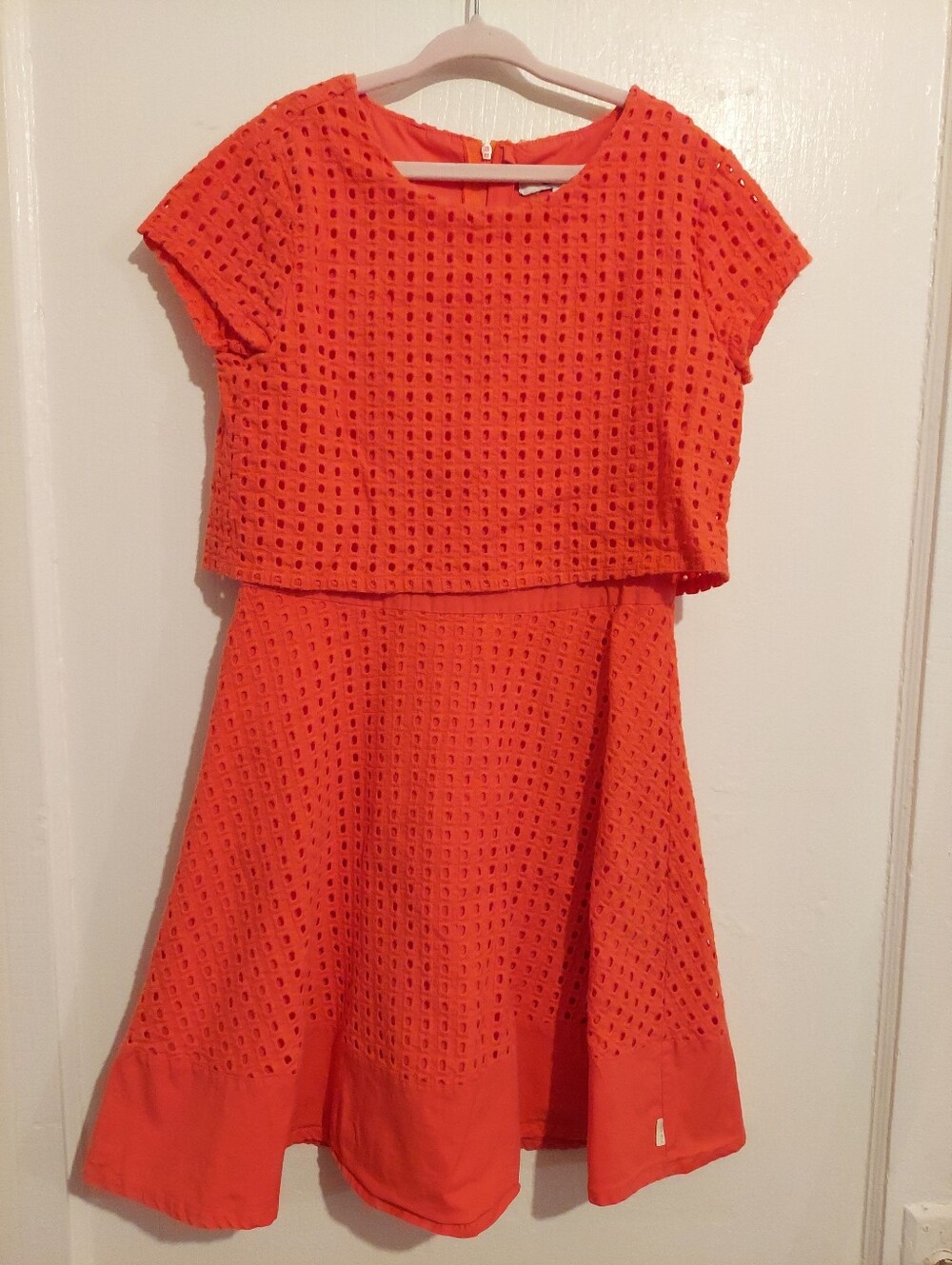 DKNY Dress Girl Medium Orange Eyelet Cutout Overlay 100% Cotton
